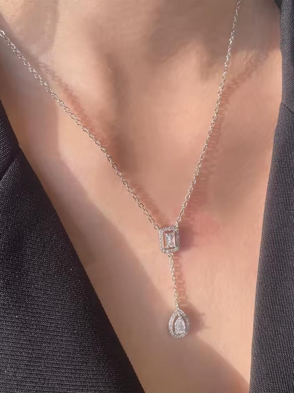 Silver Emerald-Cut & Teardrop Lariat Necklace